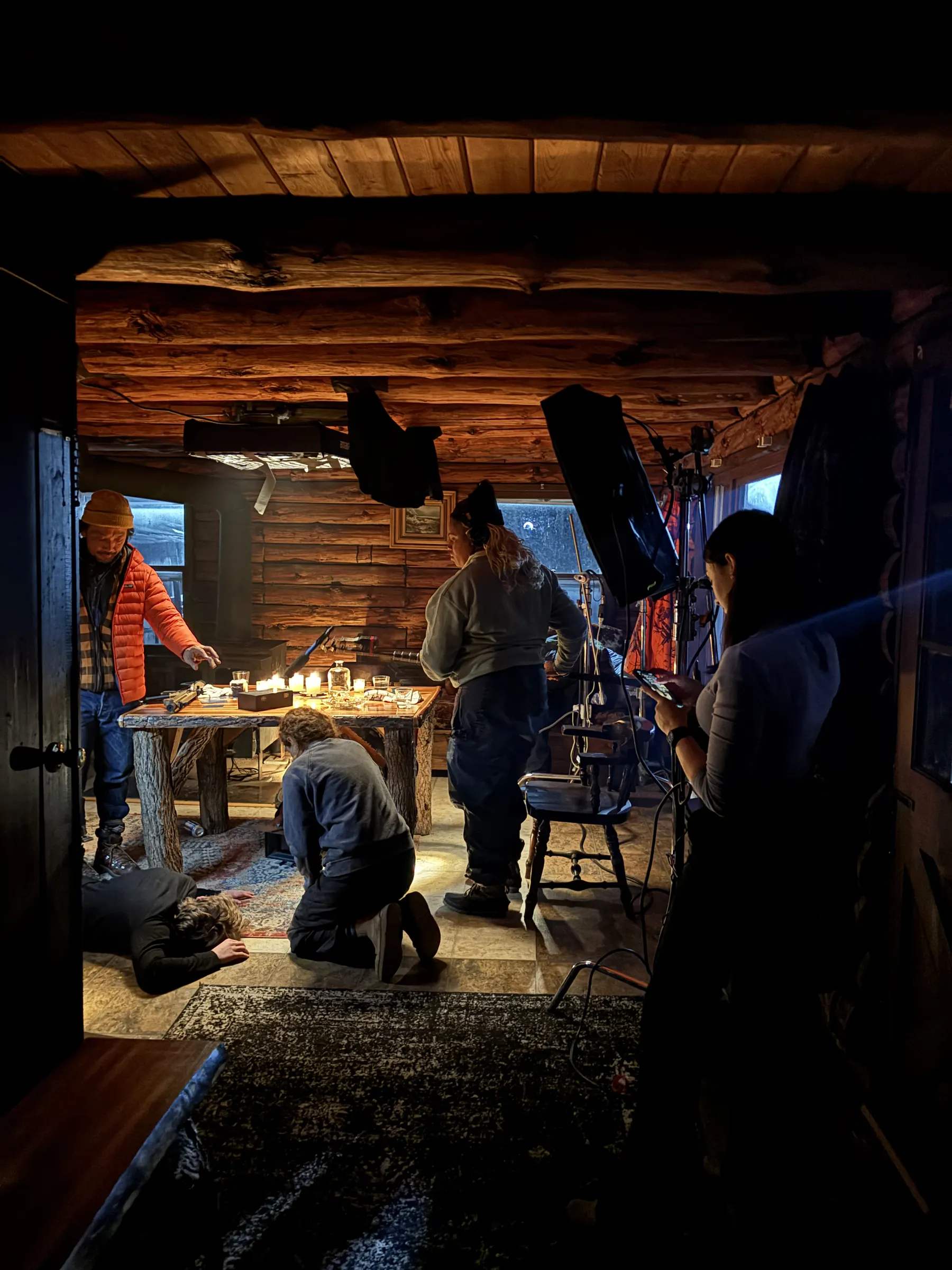 Shooting a scene inside the cabin